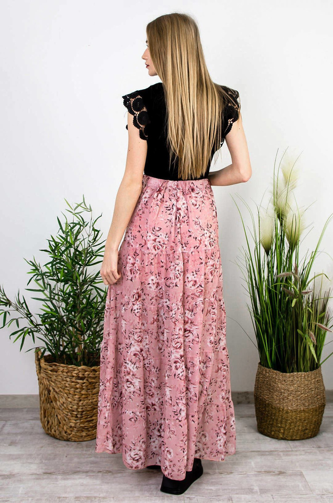 RÓŻOWA SPÓDNICA MAXI W KWIATY Z ROZCIĘCIEM