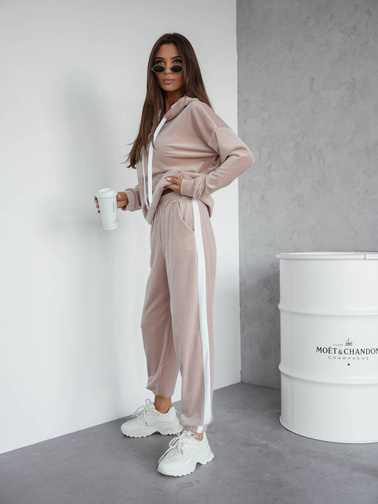 KOMPLET WELUROWY BLUZA+ SPODNIE Z KONTRASTOWYMI LAMPASAMI- BEŻOWY