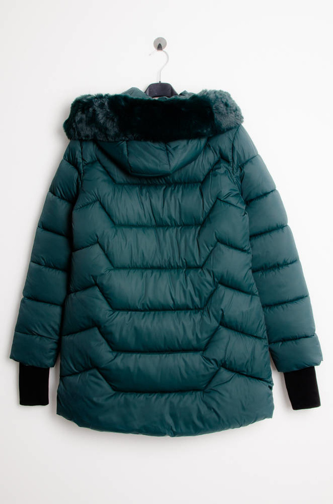 ZIELONA MATOWA KURTKA Z FUTERKIEM PRZY KAPTURZE