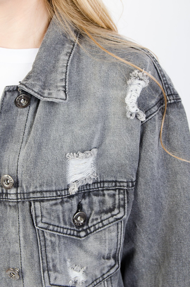 SZARA DŁUGA KURTKA JEANSOWA Z PRZETARCIAMI 