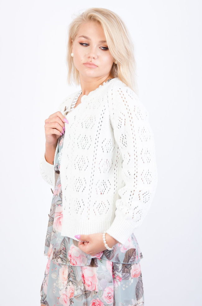 KREMOWY AŻUROWY SWETER ZAPINANY NA GUZIKI