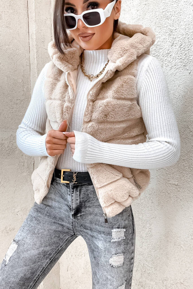 BEŻOWA FUTRZANA KAMIZELKA - BEZRĘKAWNIK 