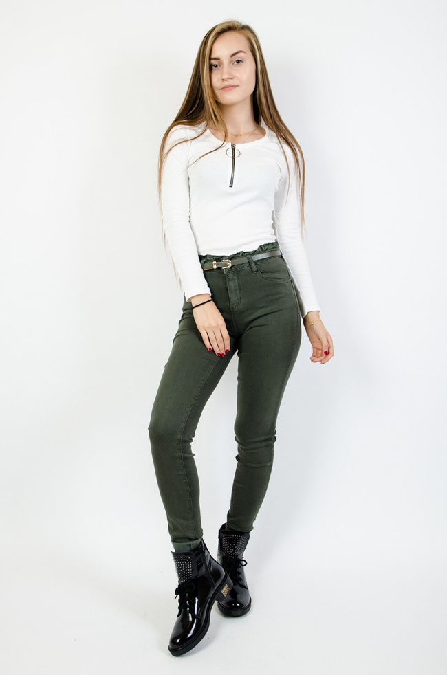 Zielone spodnie skinny z wysokim stanem + pasek 