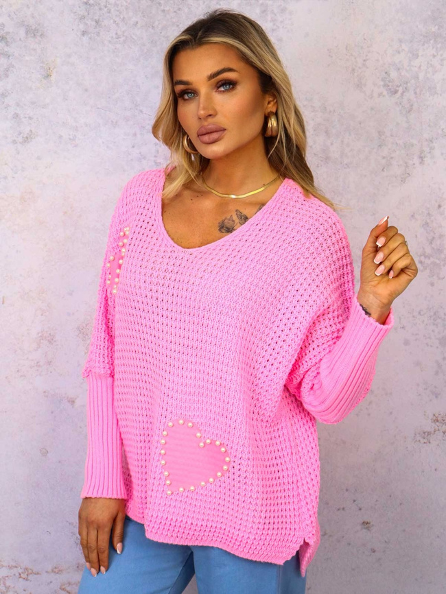SWETER Z SERDUSZKAMI OVERSIZE- RÓŻOWY