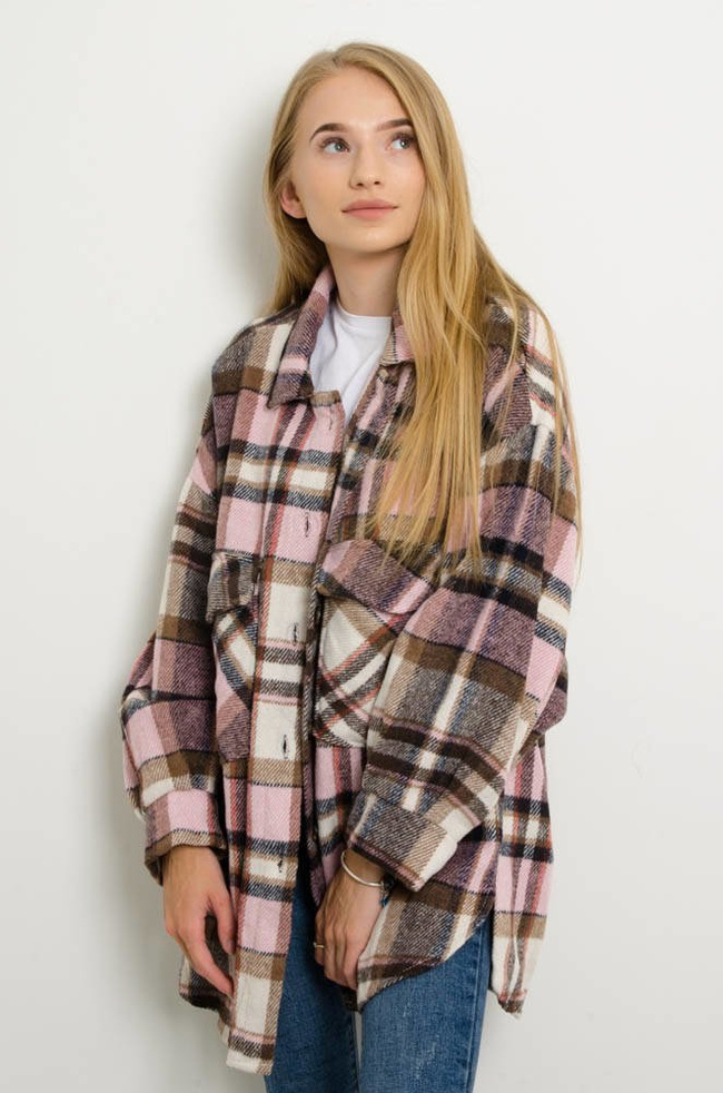 KURTKA KOSZULOWA W KRATĘ - RÓŻOWA