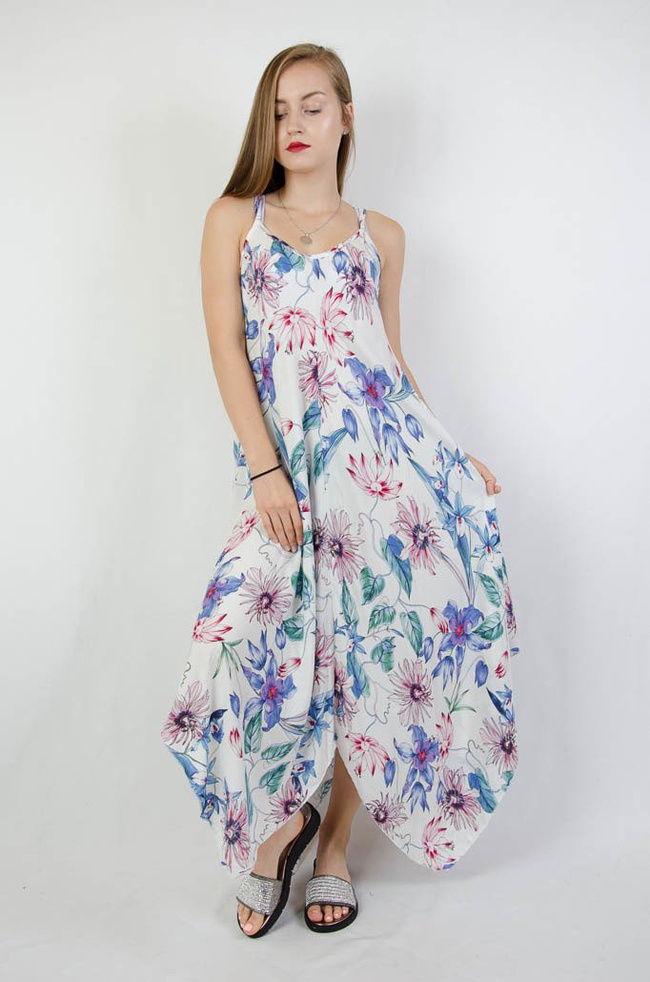 BIAŁA ASYMETRYCZNA SUKIENKA W KOLOROWE KWIATY