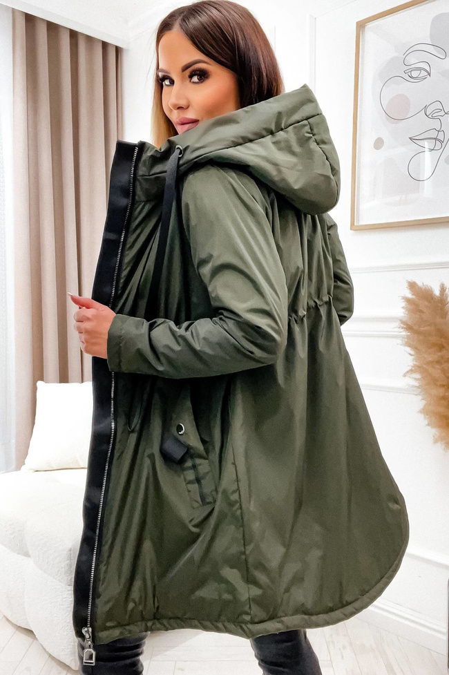 ASYMETRYCZNA KURTKA PARKA Z KAPTUREM I OZDOBNYMI ELEMENTAMI - ZIELONA