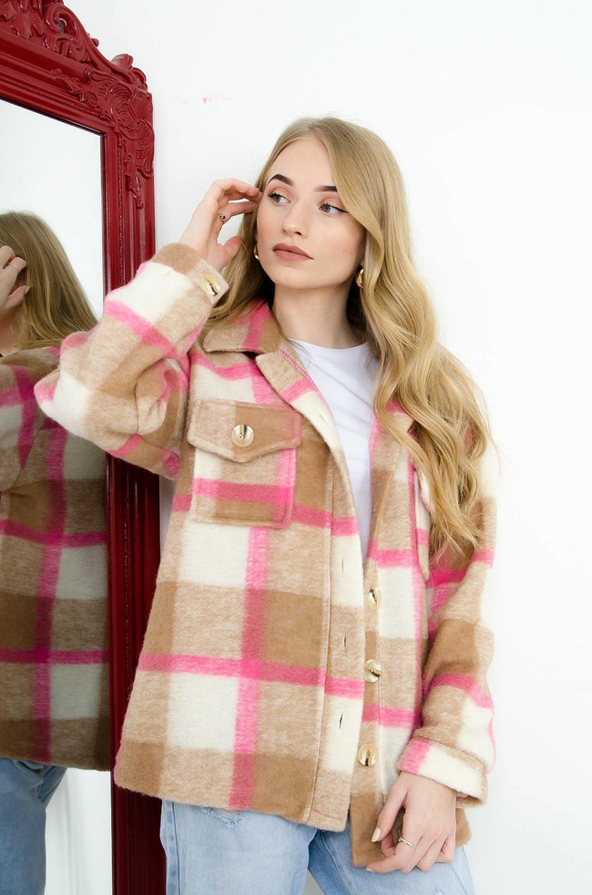 RÓŻOWY PŁASZCZ KOSZULA W KRATĘ