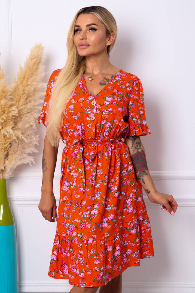 SUKIENKA MIDI W KWIATY Z DEKOLTEM NA GUZIKI+ PASEK- POMARAŃCZOWA