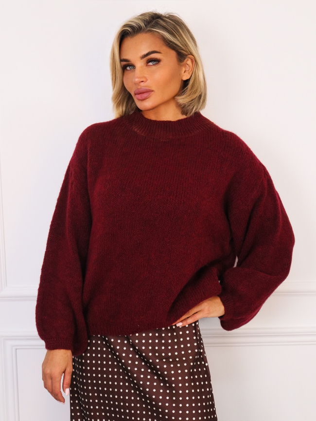 SWETER OVERSIZE Z DOMIESZKĄ WEŁNY- BORDOWY