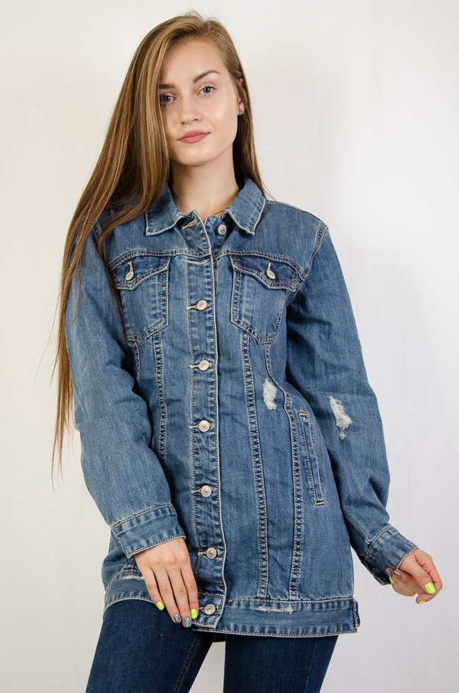  Długa kurtka jeansowa z przetarciami
