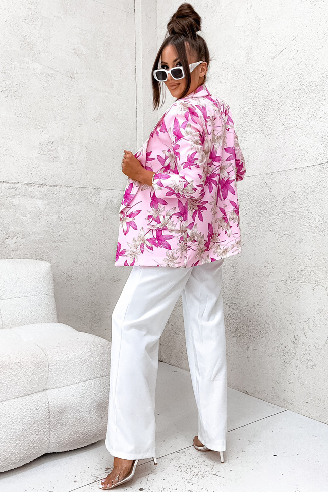 KOMPLET MARYNARKA W KWIATY + SZEROKIE SPODNIE- RÓŻOWY
