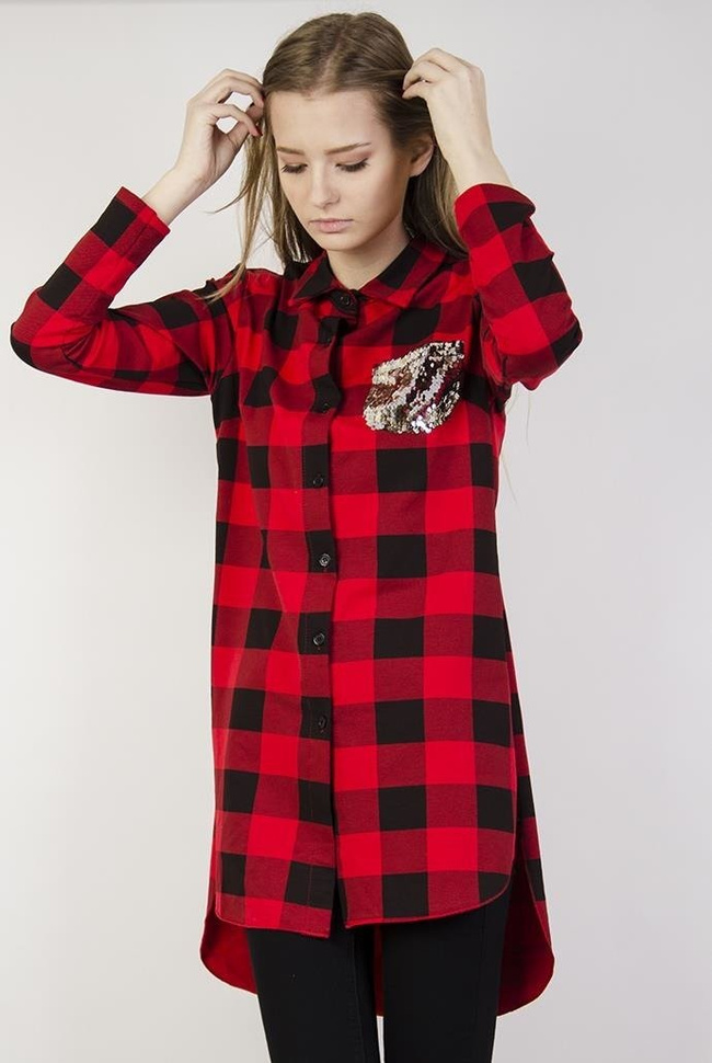 Asymetryczna koszula w kratę z złotą cekinową kieszonką