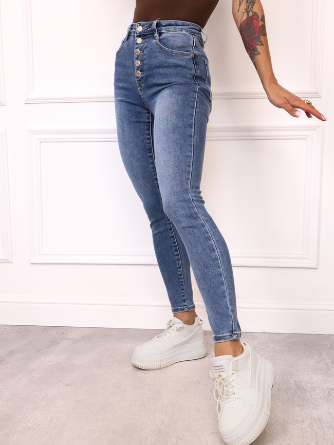 SPODNIE JEANSOWE Z WYSOKIM STANEM ZAPINANE NA GUZIKI- NIEBIESKIE