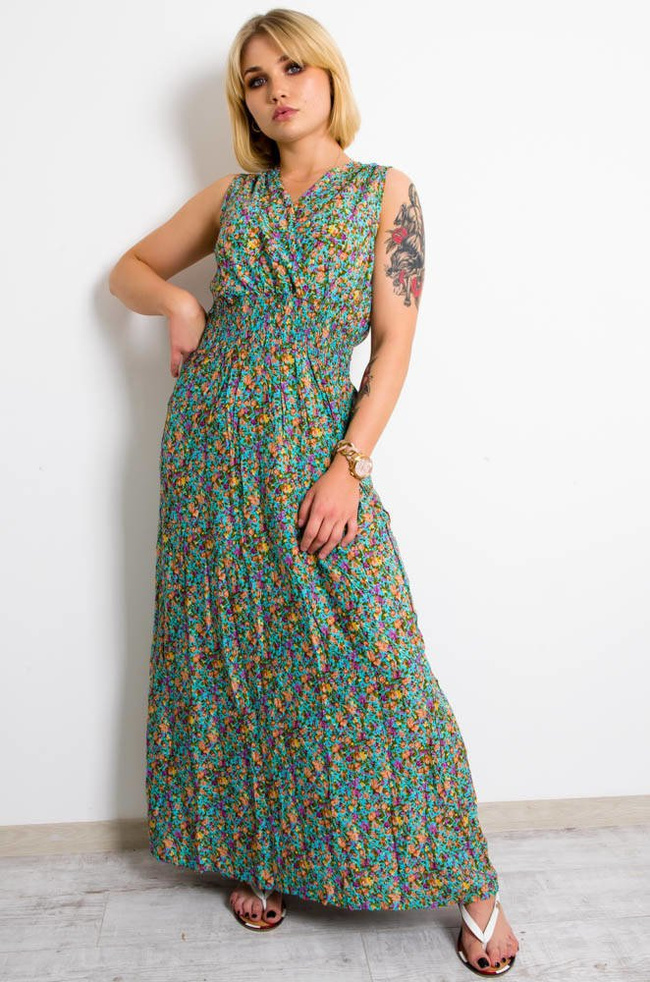 JASNO NIEBIESKA SUKIENKA MAXI W KWIATY-KOPERTOWY DEKOLT