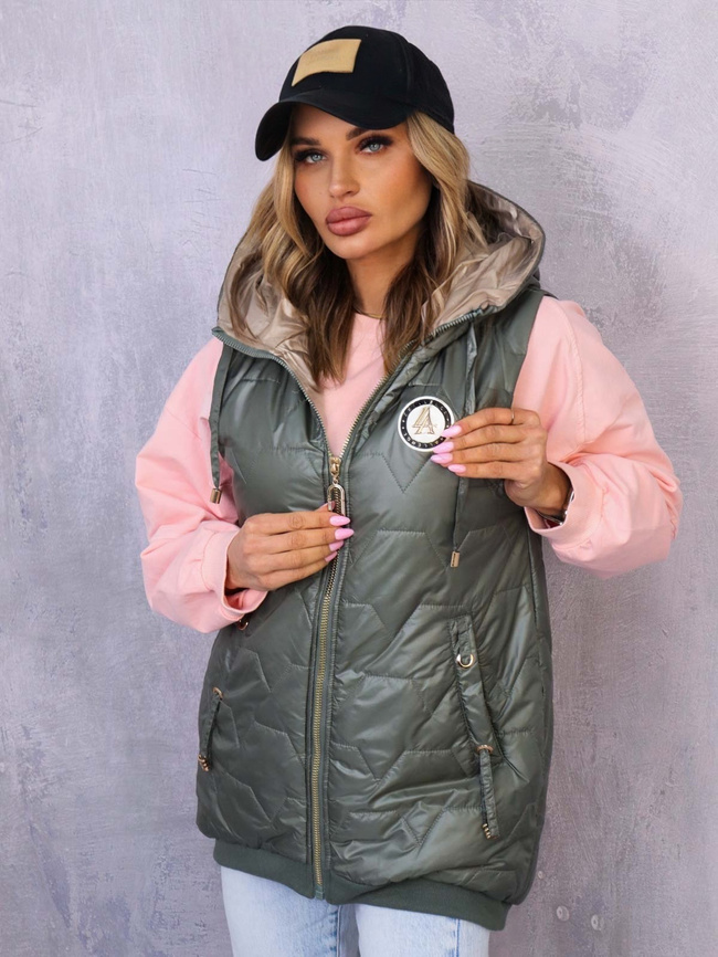 ASYMETRYCZNA KAMIZELKA Z OZDOBNĄ NASZYWKĄ- ZIELONA