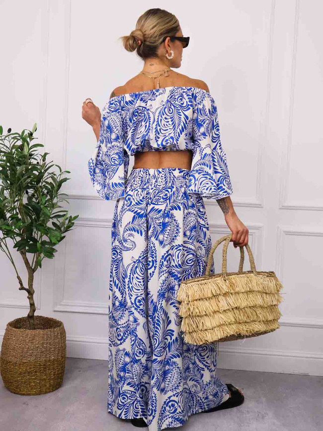 KOMPLET WZORZYSTY TOP+ SPODNIE- NIEBIESKI