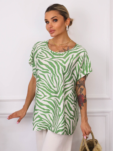 T-SHIRT OVERSIZE W ZEBRĘ Z OZDOBNYMI CYRKONIAMI- ZIELONY