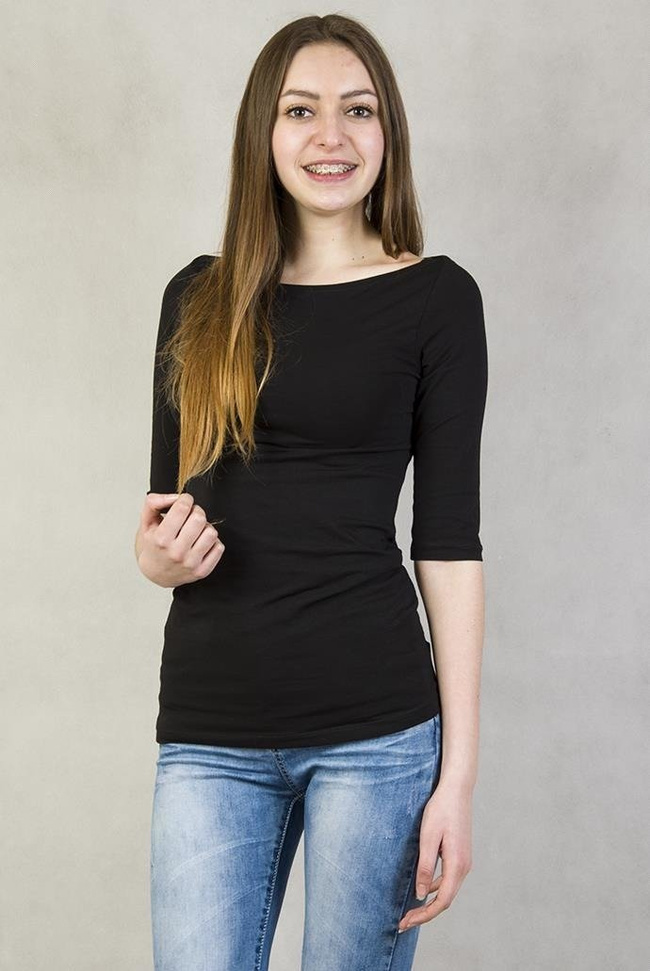 Czarna bluzka z rękawem 3/4 i dekoltem w "łódkę"