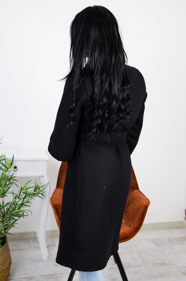 DŁUGI CZARNY TALIOWANY PŁASZCZ