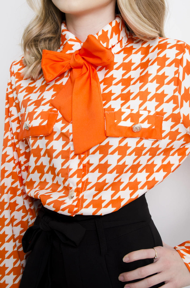 KOSZULA W PEPITKĘ Z WIĄZANIEM- POMARAŃCZOWA