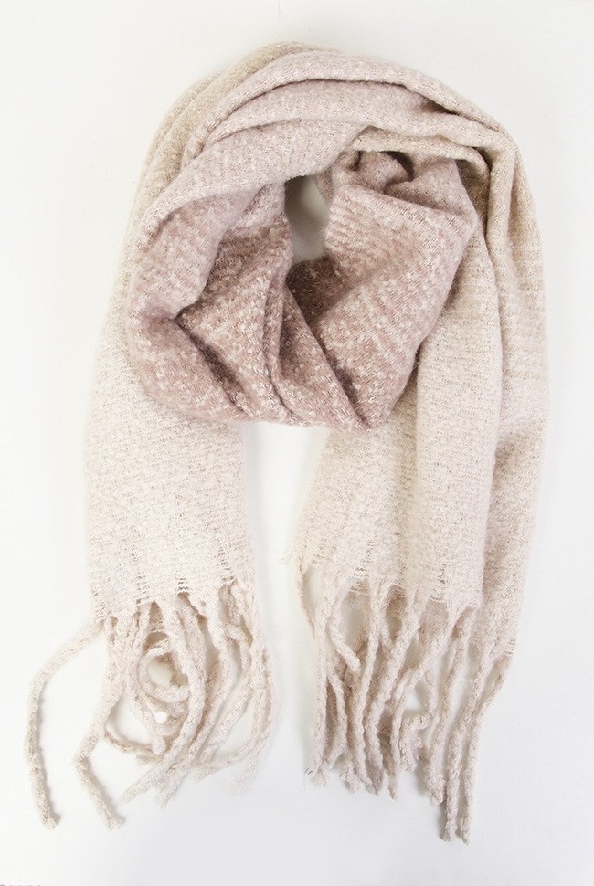 Długi cieniowany szal z frędzlami w odcieniach beżu i różu