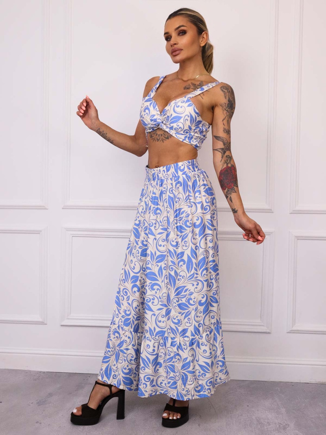 KOMPLET WZORZYSTY TOP+ SPÓDNICA Z ROZCIĘCIEM- NIEBIESKI