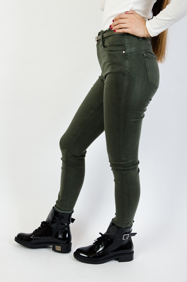 Zielone spodnie skinny z wysokim stanem + pasek 