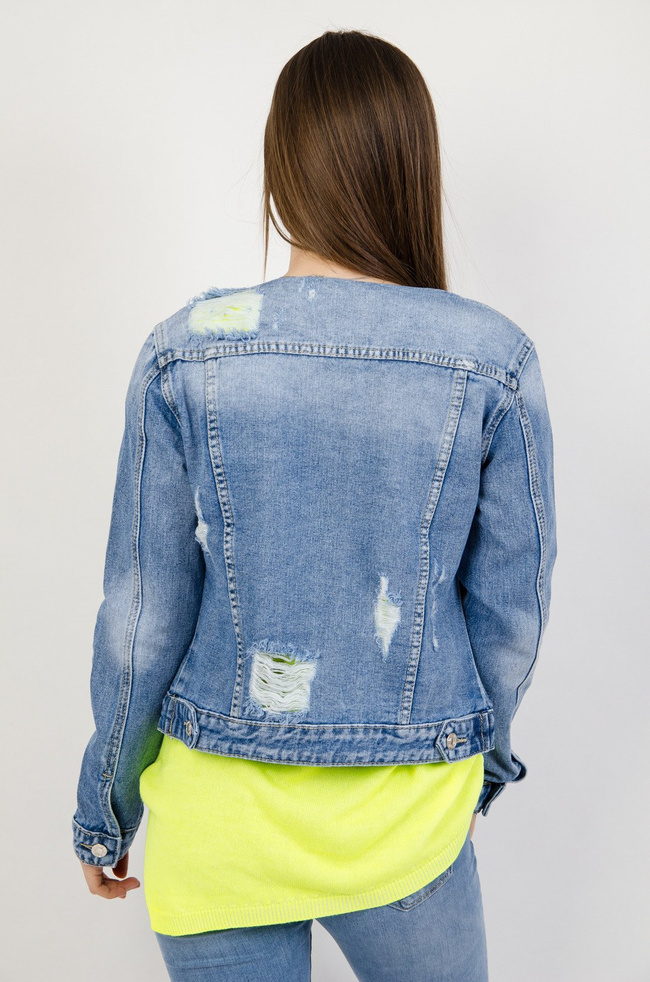 Kurtka jeansowa z przetarciami bez kołnierza