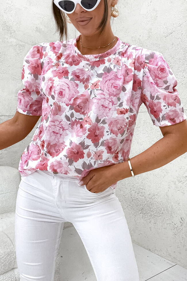 BLUZKA ONE SIZE W KWIATY I RĘKAWY BUFKI- RÓŻOWA