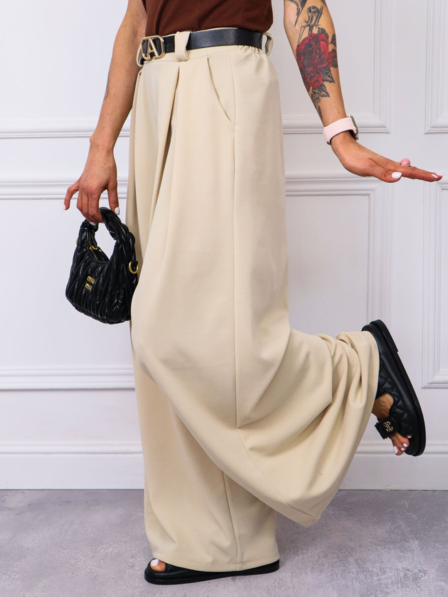 SPODNIE MATERIAŁOWE Z SZEROKIMI NOGAWKAMI+ PASEK-  JASNO BEŻOWE