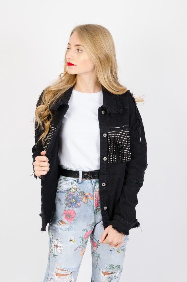 CZARNA KURTKA JEANSOWA Z FRĘDZLAMI (S-L)