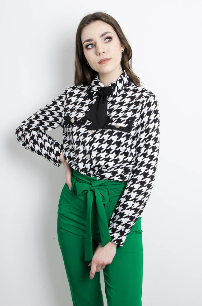 KOSZULA W PEPITKĘ Z WIĄZANIEM- CZARNA