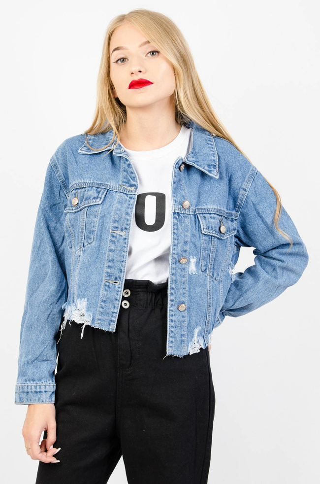 KRÓTKA KURTKA JEANSOWA Z SZARPANIAMI