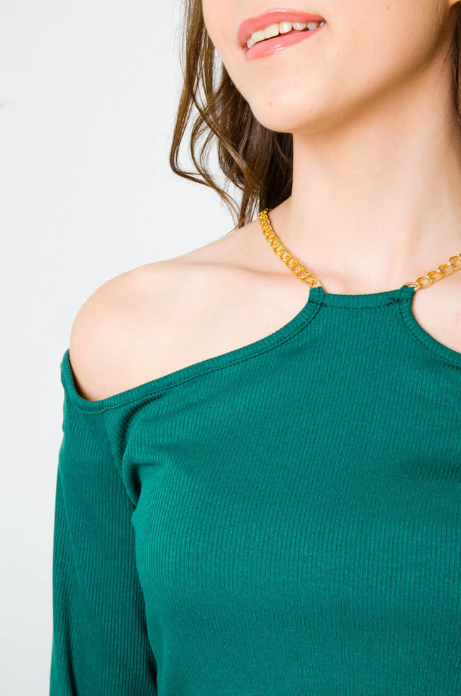 ZIELONA PRĄŻKOWANA BLUZKA Z ŁAŃCUSZKIEM 