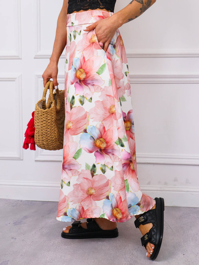 SPÓDNICA MIDI W KWIATY- RÓŻOWA