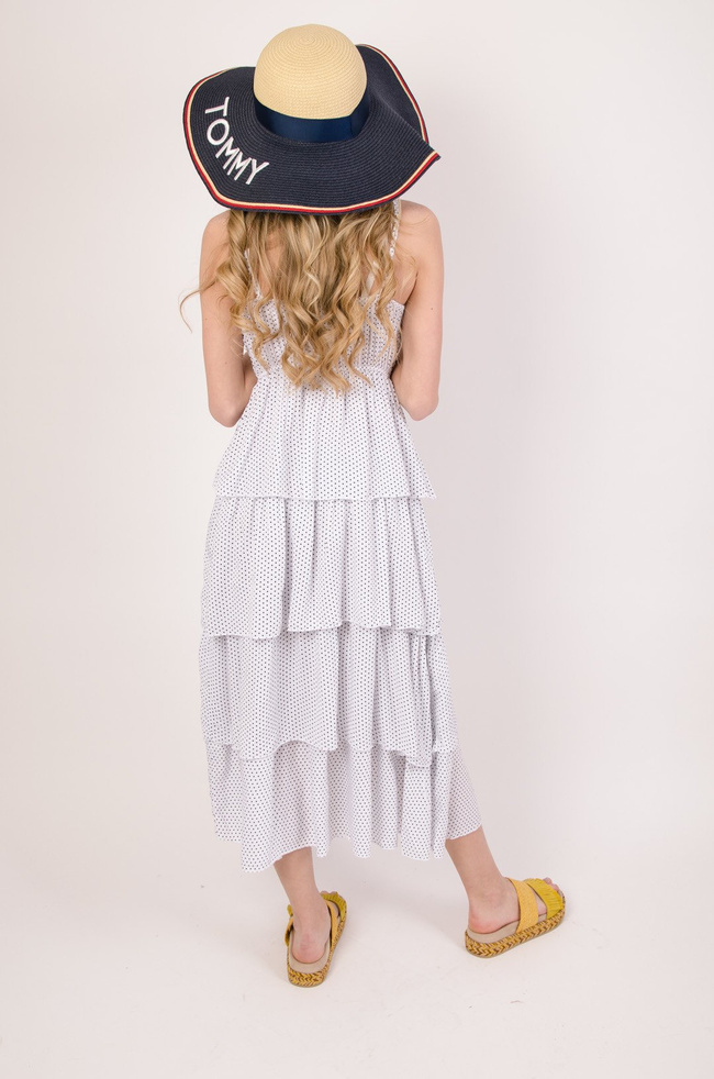 Biała sukienka z falbanami w czarne kropki