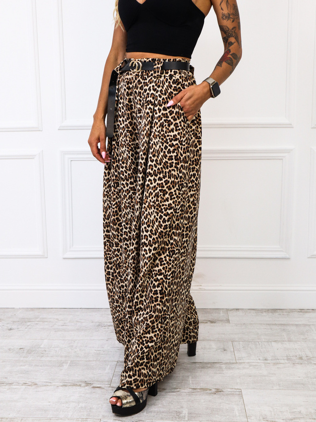 MATERIAŁOWE SPODNIE Z SZEROKIMI NOGAWKAMI+ PASEK- PANTERKA