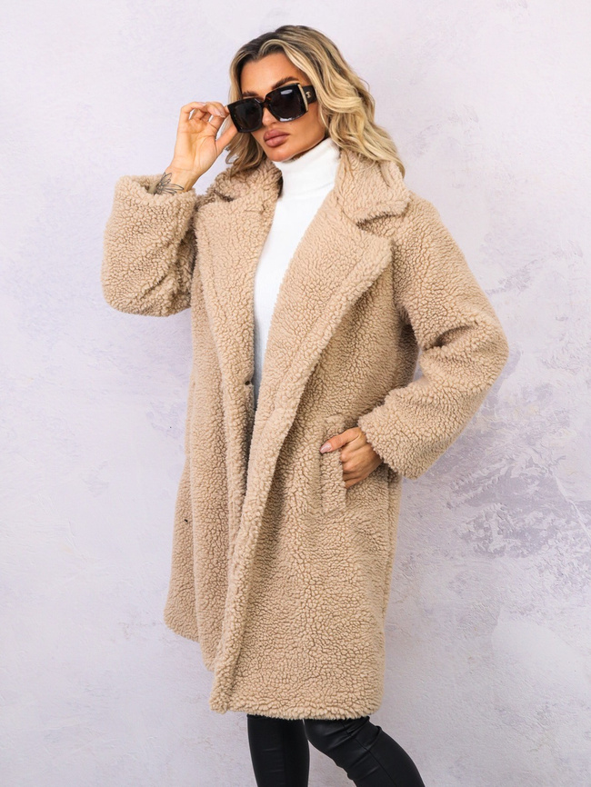 BRĄZOWY PŁASZCZ PLUSZOWY Z KOŁNIERZEM