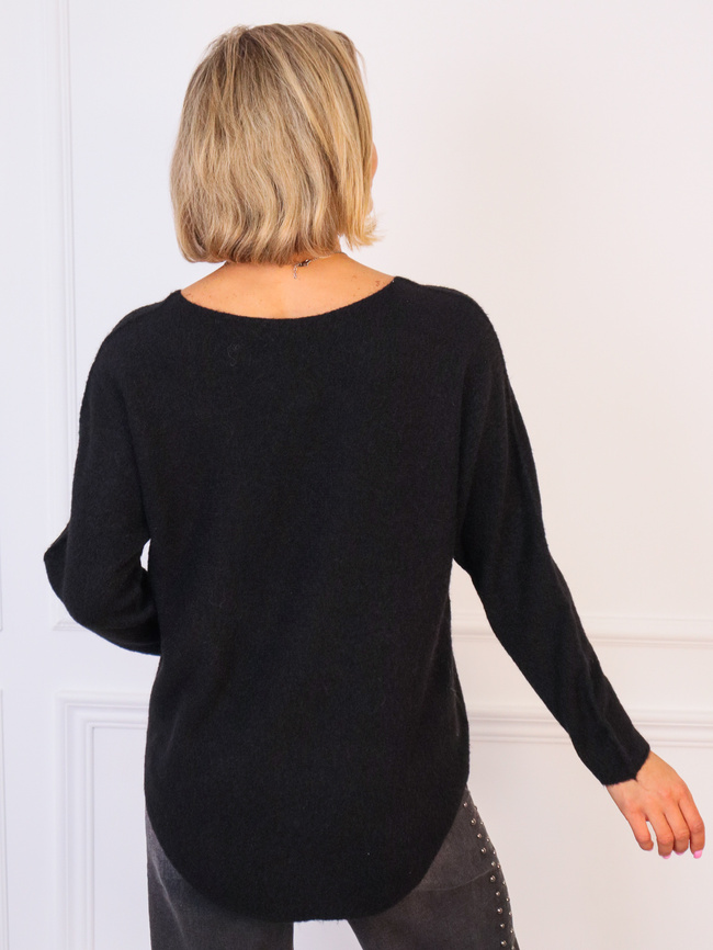 SWETER JEDNOLITY DZIANINOWY Z NASZYJNIKIEM- CZARNY