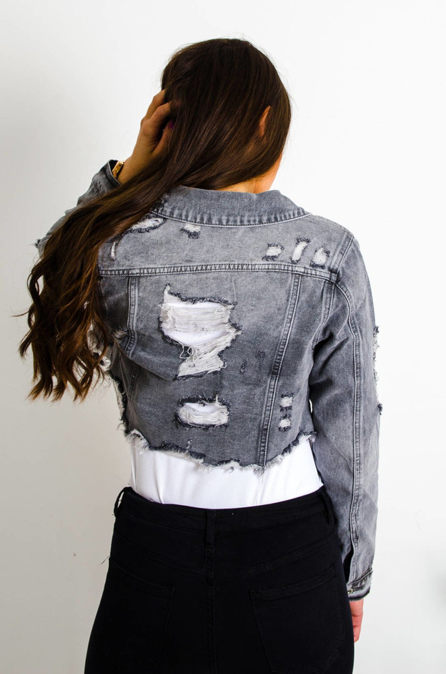 SZARA KURTKA JEANSOWA KRÓTKA-POSZARPANA