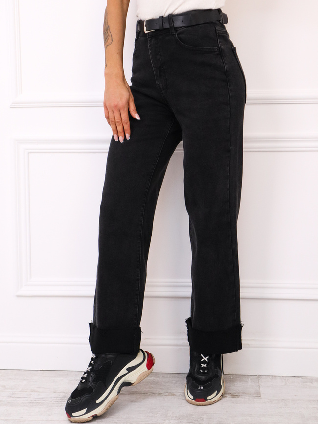 SPODNIE JENASOWE Z PODWINIĘTYMI NOGAWKAMI + PASEK- CZARNE