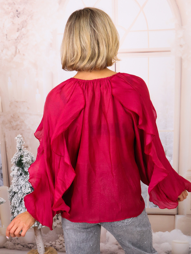 KOSZULA Z FALBANAMI ZAPINANA NA GUZIKI- BORDOWA