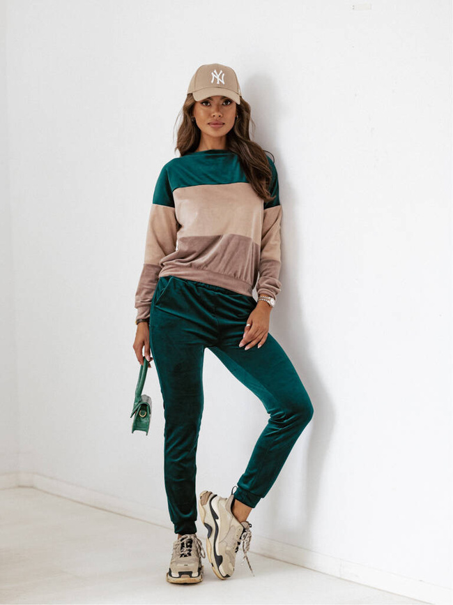 KOMPLET DRESOWY SPODNIE+ BLUZA W PASKI - BUTELKOWA ZIELEŃ