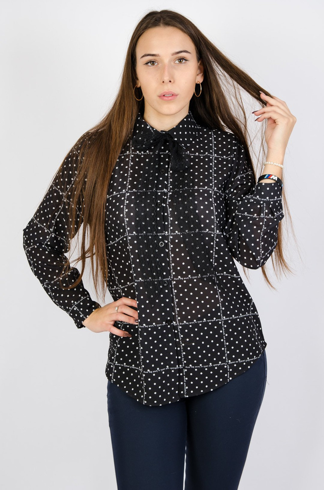 Czarna koszula mgiełka w białe kropki
