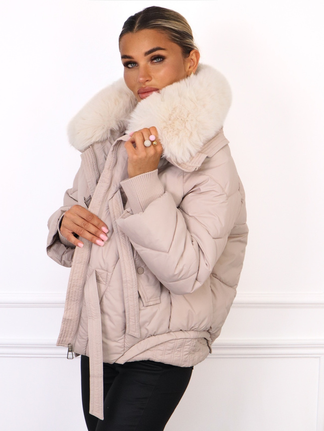 KURTKA Z FUTERKIEM NA KOŁNIERZU- BEŻOWA