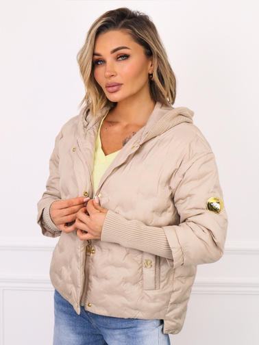 KURTKA PRZEJŚCIOWA ASYMETRYCZNA Z DZIANINOWYM KAPTUREM I ŚCIĄGACZAMI- BEŻOWA