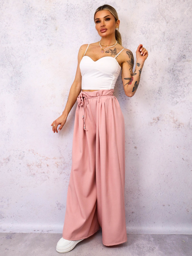 SPODNIE MATERIAŁOWE Z SZEROKIMI NOGAWKAMI I WIĄZANIEM W PASIE- PUDROWY RÓŻ