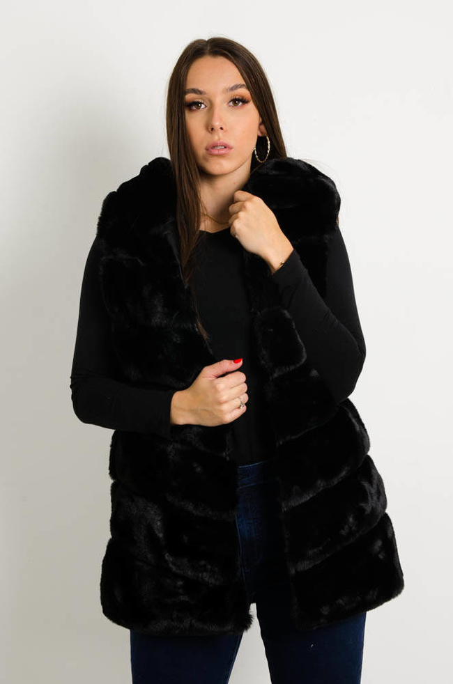 CZARNA FUTRZANA KAMIZELKA Z KAPTUREM
