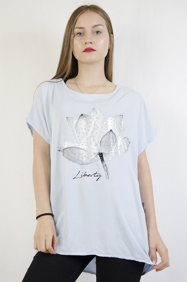 Niebieska bluzka ze srebrnym kwiatem